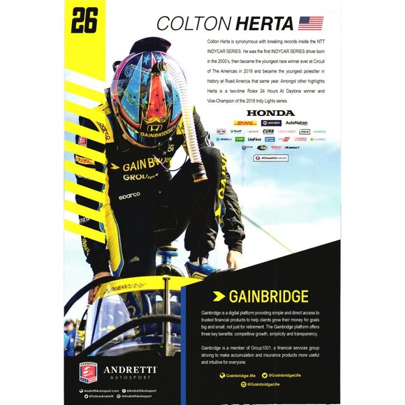 Colton Herta Signed IndyCar Driver 7x10 Hero Card Photo Gainbridge Design - Picture 2 of 2
